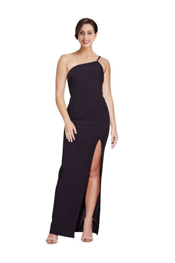 Sleeveless Black Sheath Stretch Crepe One Shoulder Formal Dress