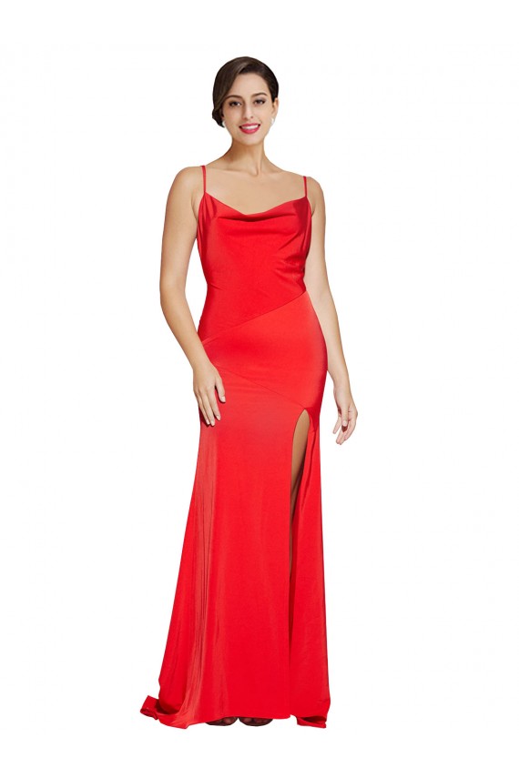 Sleeveless Red Low Back Sheath Cowl Neck Formal Dress