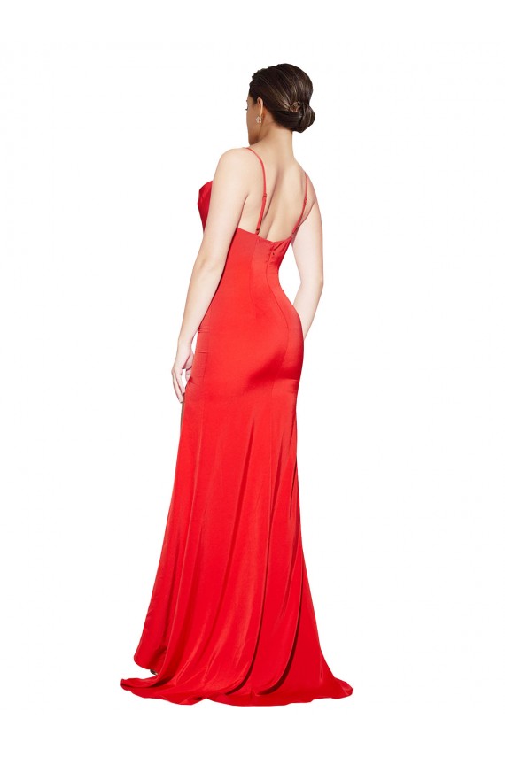 Sleeveless Red Low Back Sheath Cowl Neck Formal Dress
