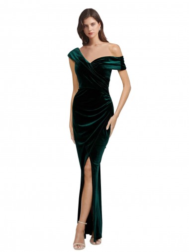 Affordable Sleeveless Dark Green Sheath Off the Shoulder High Low Formal Dress Canada