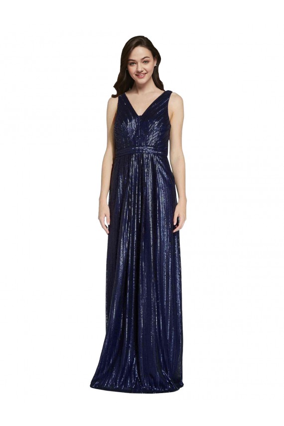 Sleeveless Dark Navy V-Back Sheath V-Neck Formal Gowns
