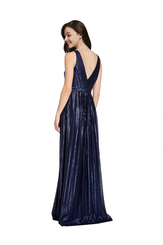 Sleeveless Dark Navy V-Back Sheath V-Neck Formal Gowns