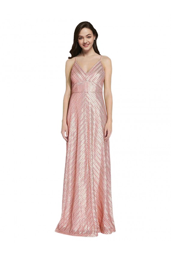 Sleeveless Rose Gold Low Back Sheath V-Neck Formal Dress