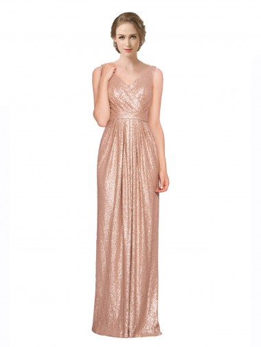 Affordable Sleeveless Rose Gold Sheath V-Neck Formal Dress Canada