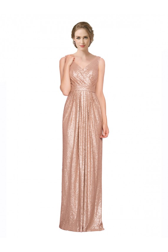 Sleeveless Rose Gold Sheath V-Neck Formal Dress