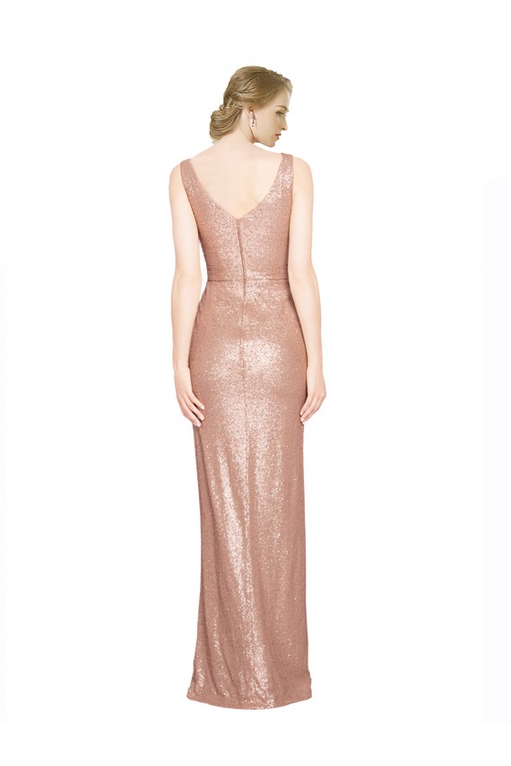 Sleeveless Rose Gold Sheath V-Neck Formal Dress