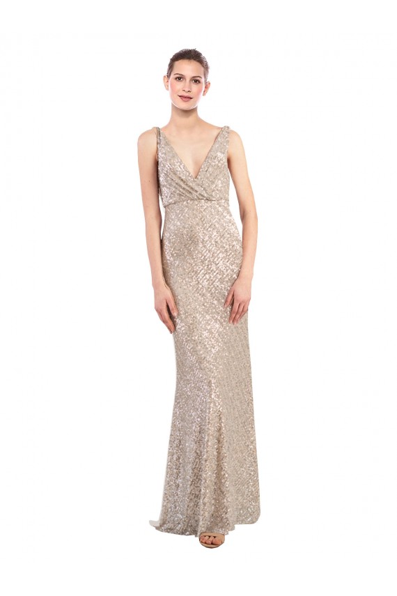 Sleeveless Silver Low Back Sheath V-Neck Formal Dress
