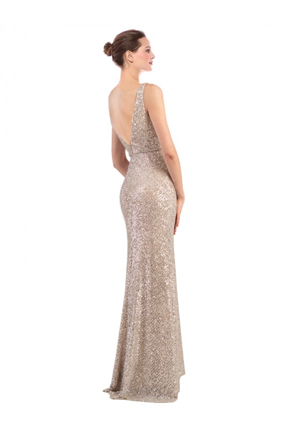 Sleeveless Silver Low Back Sheath V-Neck Formal Dress