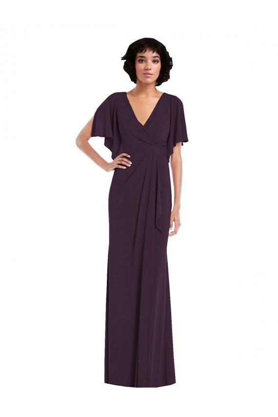 Split Sleeves Grape Sheath V-Neck Formal Dress