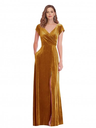 Affordable Cap Sleeves Gold Sheath V-Neck Formal Dress Canada