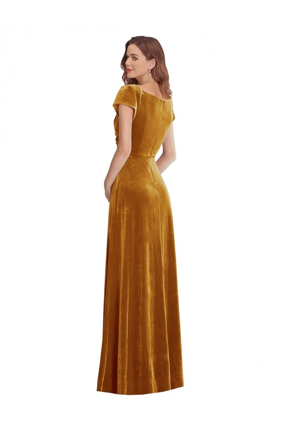 Cap Sleeves Gold Sheath V-Neck Formal Dress