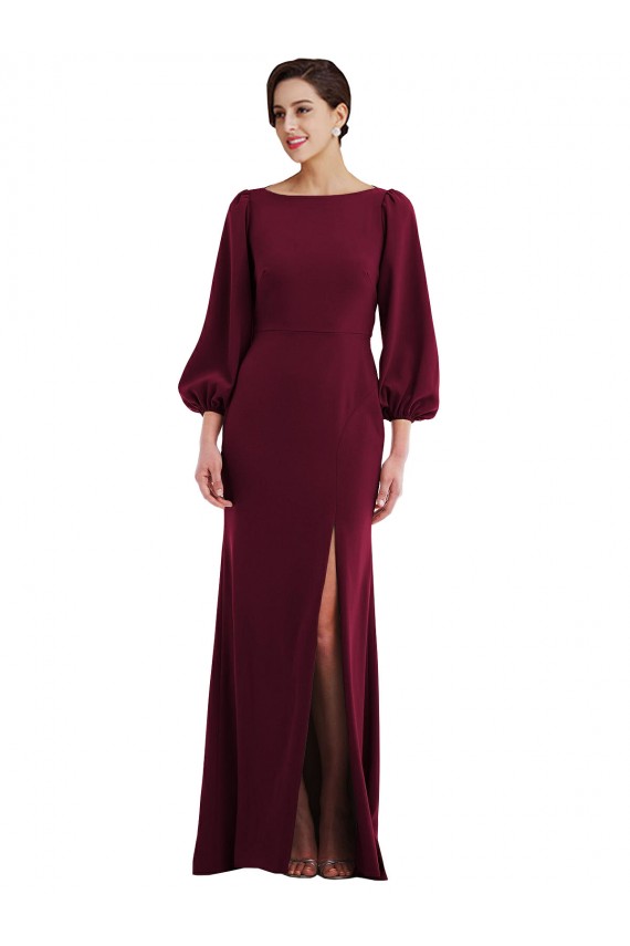 Long Sleeves Burgundy Gold Open Back Trumpet Bateau Neck Formal Dress