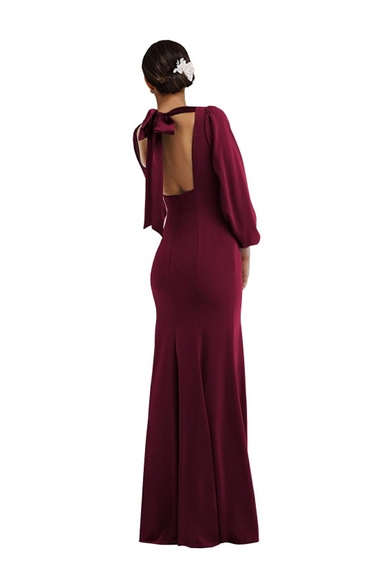 Long Sleeves Burgundy Gold Open Back Trumpet Bateau Neck Formal Dress