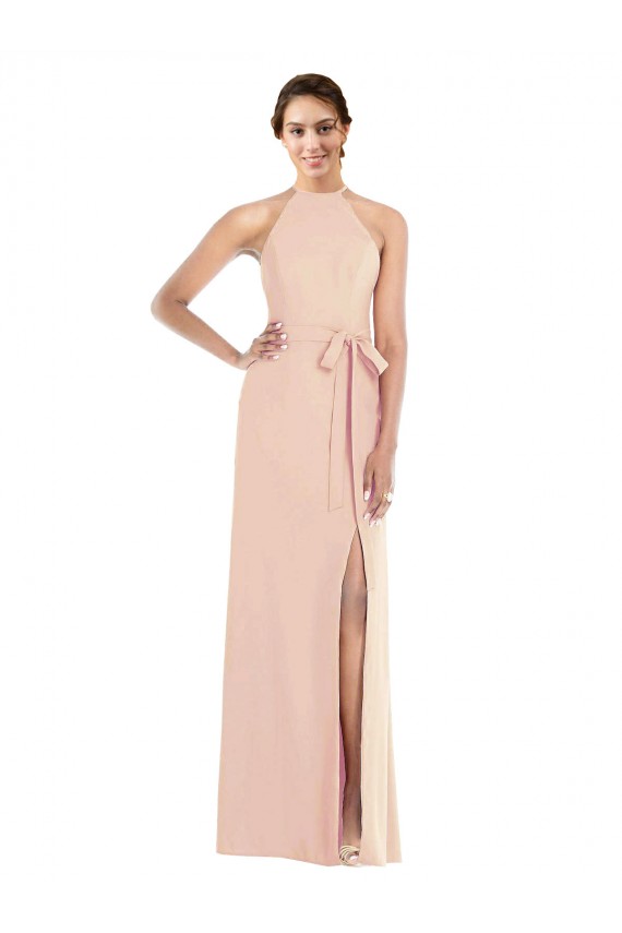 Sleeveless Nude Criss Cross Back Trumpet Halter Neck Formal Dress