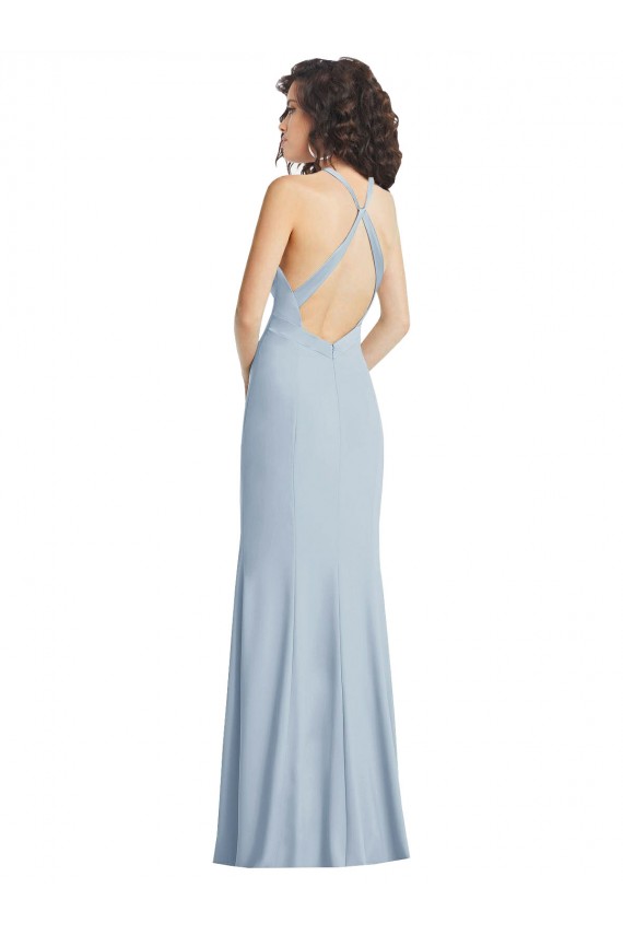 Sleeveless Light Sky Blue Criss Cross Back Trumpet Halter Neck Formal Dress
