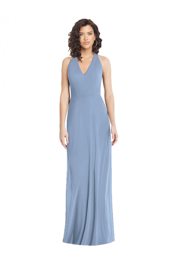 Sleeveless Dusty Blue Open Back Trumpet Halter Neck Formal Dress