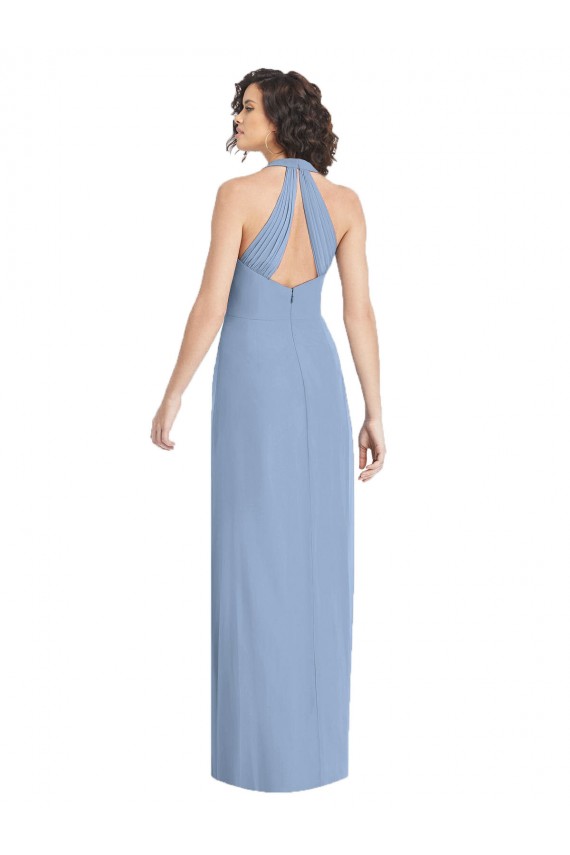 Sleeveless Dusty Blue Open Back Trumpet Halter Neck Formal Dress